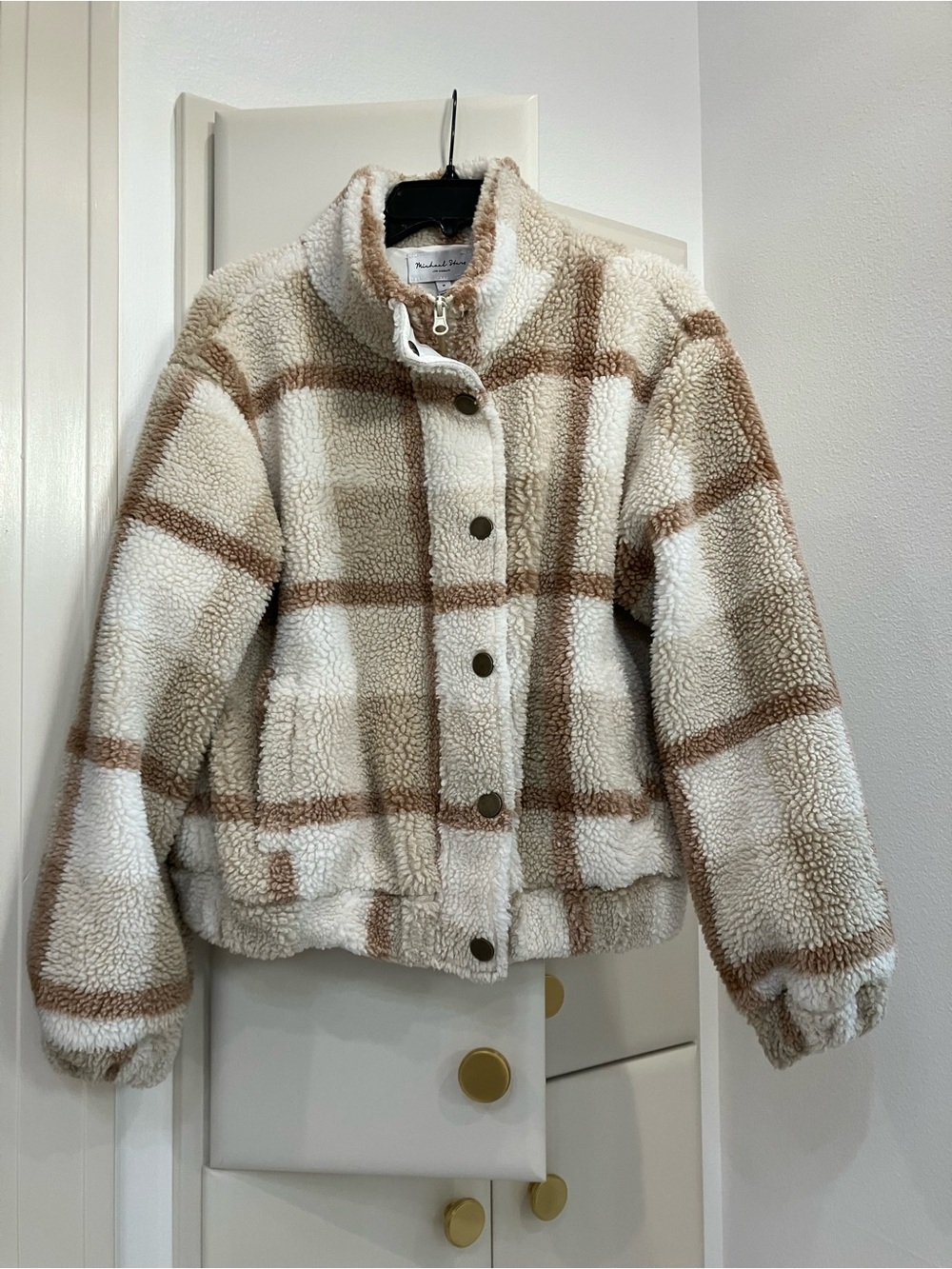 Michael Stars Cream & Brown Plaid Teddy Jacket